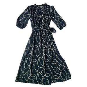 LARK + GREY Navy Blue Chain & Tassel Print Belted Midi Wrap Dress sz 14